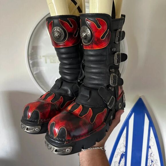 Vintage New Rock Flame Stomper Boots Size 44EU / 10.5/11US Rave Emo Punk Biker - Picture 2 of 8